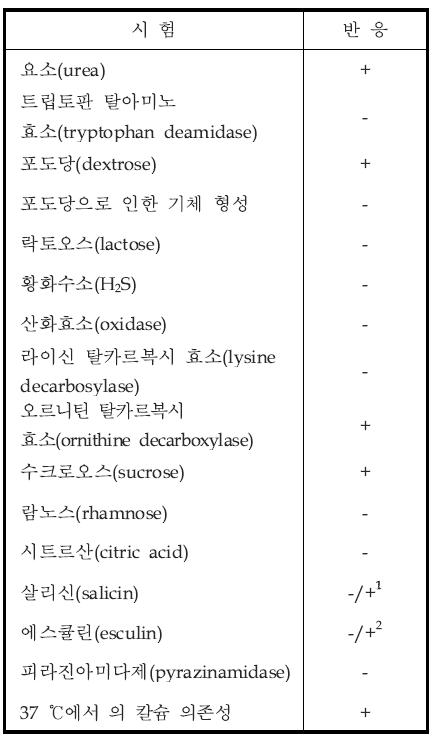 여시니아 종의 생화학적 시험의 해석