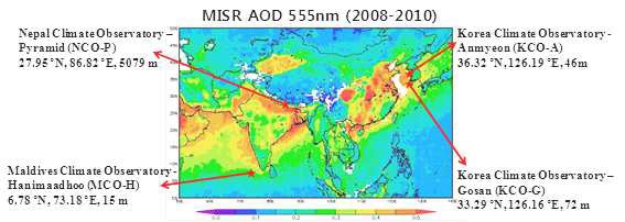 그림 3.1. MISR 위성으로 2008～2010년에 관측한 동아시아(KCO-G와 KCO-A)와 남아시아 지역(MCO-H와 NCO-P)에서 555 nm 파장에서의 에어로졸 광학두께