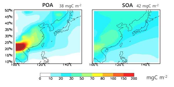 그림 4.16. 일차 유기 에어로졸과 이차 유기 에어로졸의 연평균 컬럼 농도.