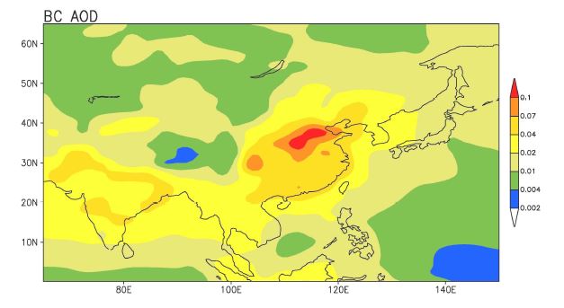 그림 6.8. 경험적인 방법을 이용해서 구한 연평균(2001-2009) BC AOD
