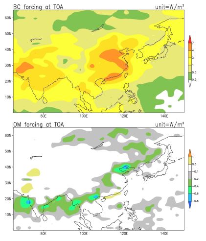 그림 6.9. 연평균(2001-2009 평균) BC 복사강제력과 OM 복사강제력 산정.