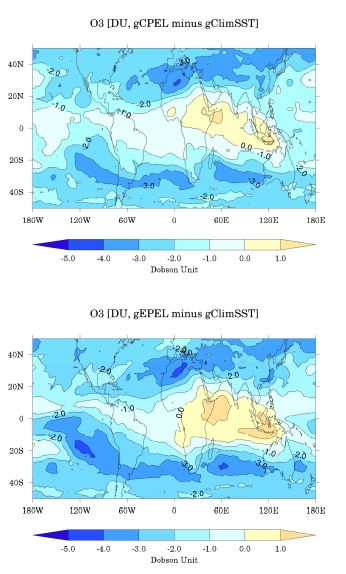 Figure 1.1.10. (upper) The difference of tropospheric ozone(DU) gCPEL and gClimSST. (bottom) Same but instead for the gEPEL simulation.