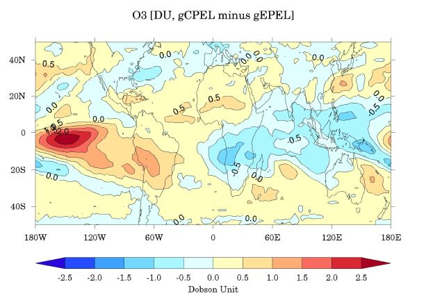 Figure 1.1.11. Difference (gCPEL minus gEPEL) of tropospheric column ozone (DU).