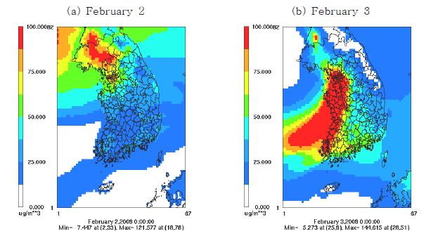 그림 72 2월 모사기간 중 (a) 2일과 (b) 3일의 9-km 모사영역에서의 PM10 모사 농도
