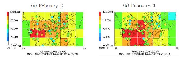 그림 73 2월 모사기간 중 (a) 2일과 (b) 3일의 수도권 지역에서의 PM10 모사 농도 및 측정 농도