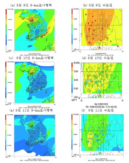 그림 74 5월 모사기간 중 9일, 10일, 11일 9-km 모사 영역 및 수도권 지역에서의 PM10 모사농도 및 측정농도