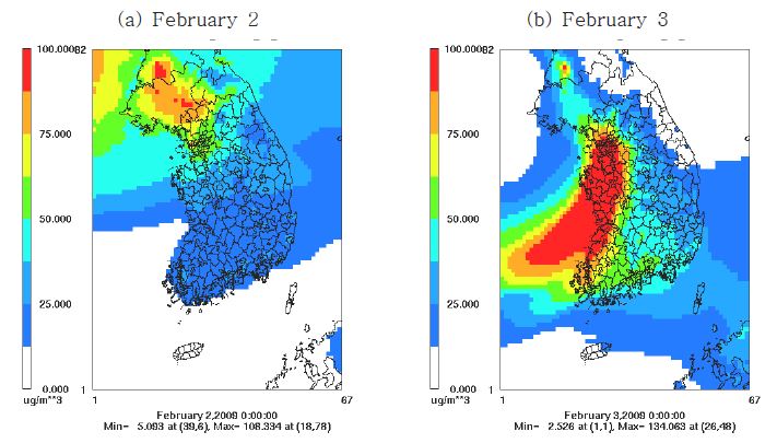 그림 78 2월 모사기간 중 (a) 2일과 (b) 3일의 9-km 모사영역에서의 PM2.5 모사 농도