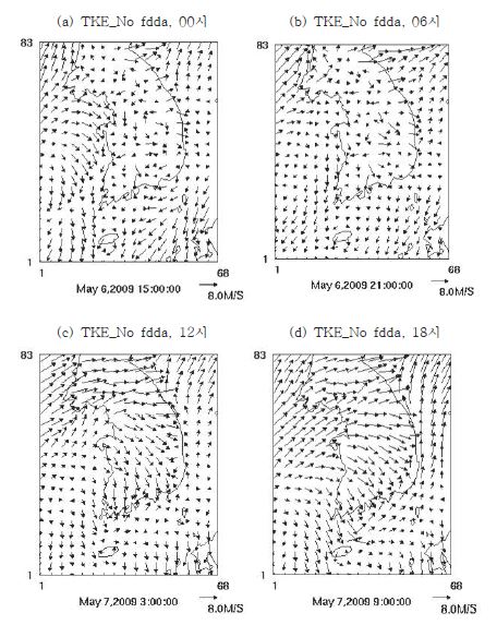 그림 43 TKE scheme을 적용한 2009년 5월 7일의 바람장