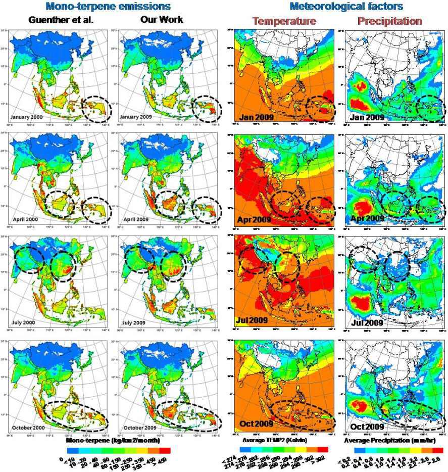 Seasonal comparison of the spatial distributions of our biogenic mono-terpene emission estimates with those of other's (Guenther et al.), along with meteorological factors (temperature and precipitation (convective precipitation plus non-convective precipitation).