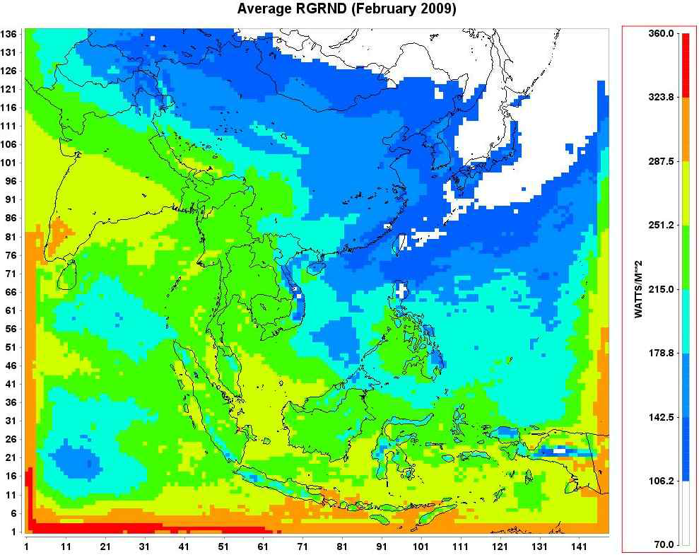 An Asian map for short-wave solar radiation (RGRND) data in February 2009 which were used for MEGAN biogenic emission modeling.