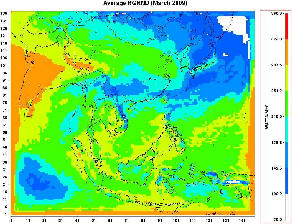 An Asian map for short-wave solar radiation (RGRND) data in March 2009 which were used for MEGAN biogenic emission modeling.