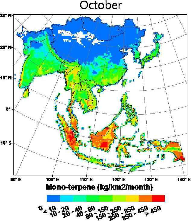 An Asian biogenic emission map for monoterpene in October 2009.