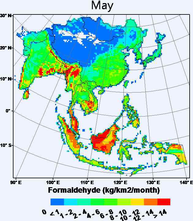 An Asian biogenic emission map for formaldehyde in May 2009.