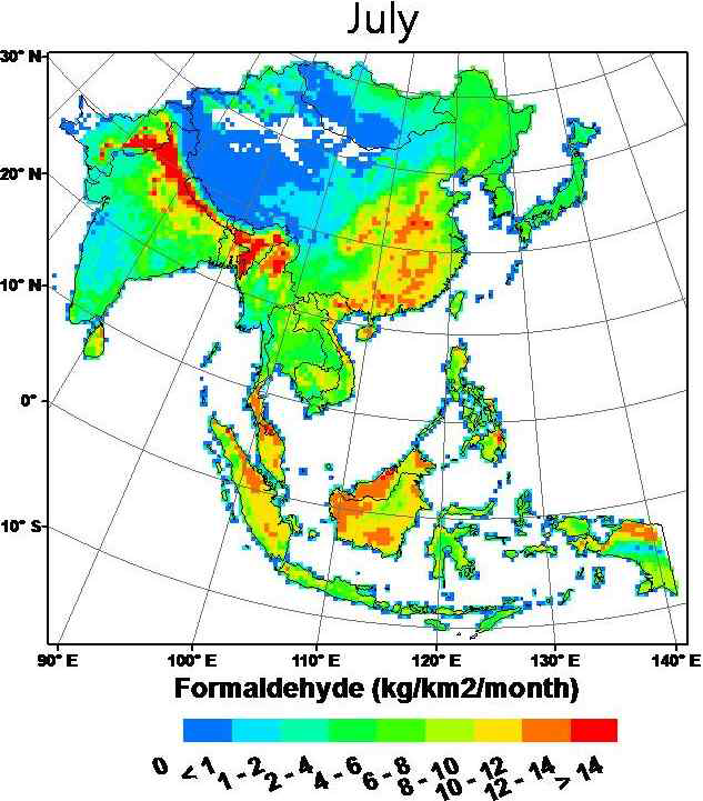 An Asian biogenic emission map for formaldehyde in July 2009.