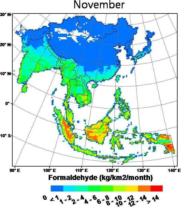 An Asian biogenic emission map for formaldehyde in November 2009.