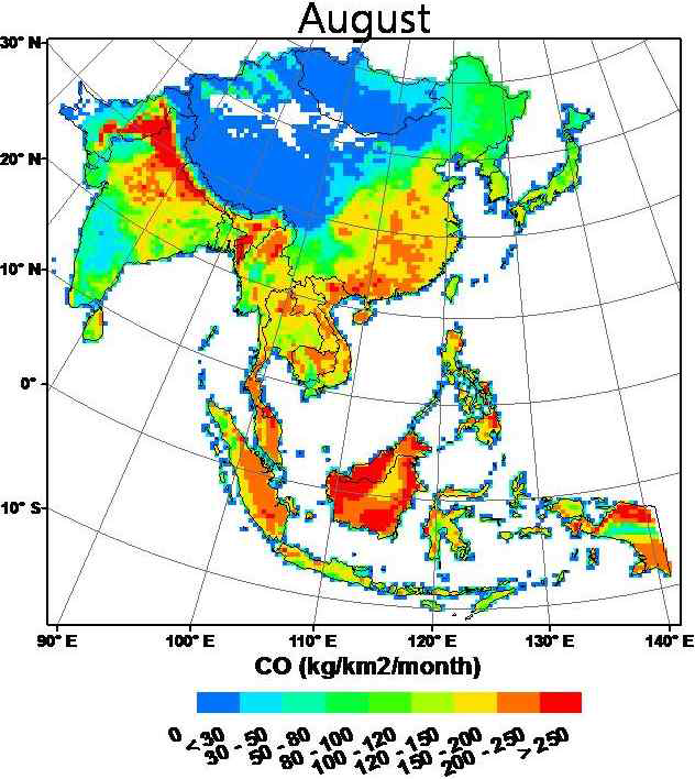 An Asian biogenic emission map for CO in August 2009.