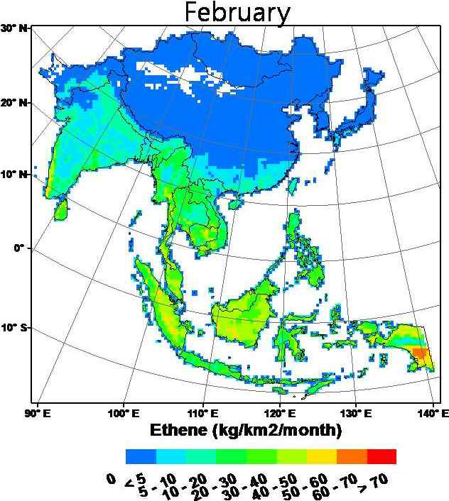 An Asian biogenic emission map for ethene in February 2009.