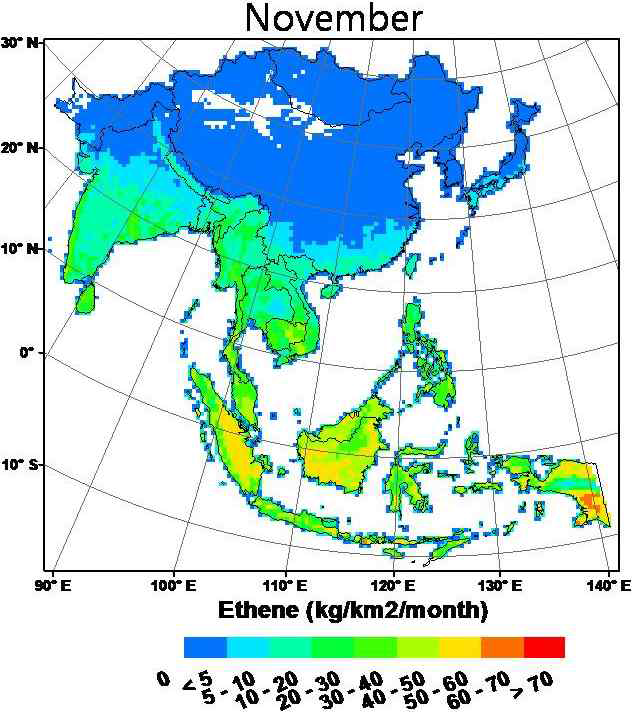 An Asian biogenic emission map for ethene in November 2009.