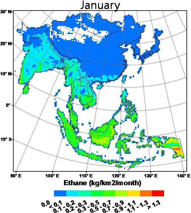 An Asian biogenic emission map for ethane in January 2009.