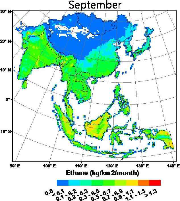 An Asian biogenic emission map for ethane in September 2009.