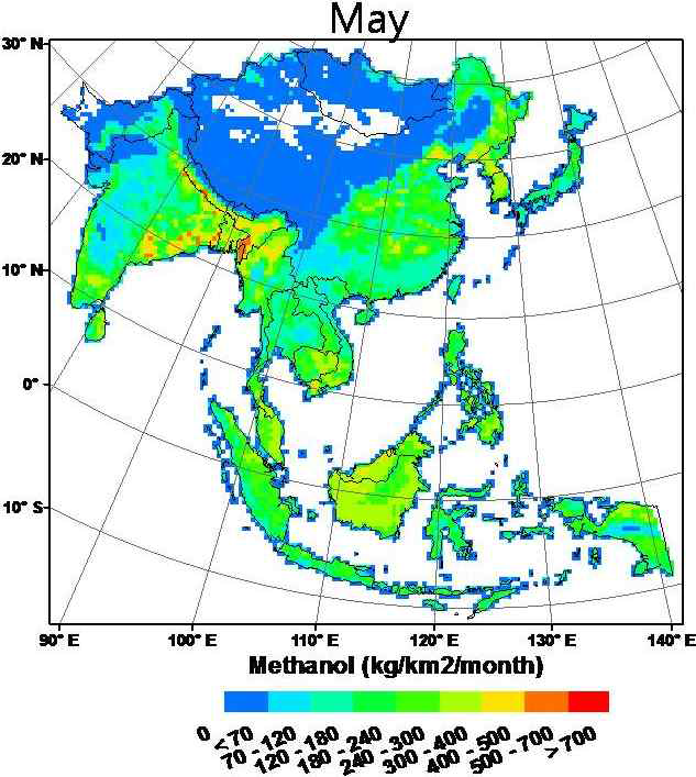 An Asian biogenic emission map for methanol in May 2009.