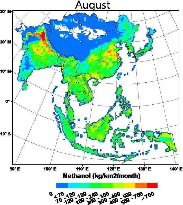 An Asian biogenic emission map for methanol in August 2009.