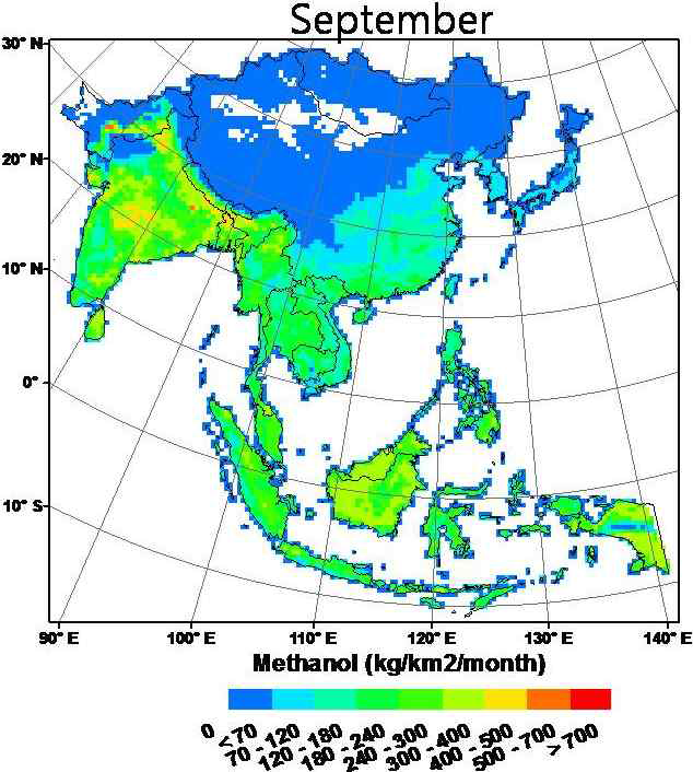 An Asian biogenic emission map for methanol in September 2009.