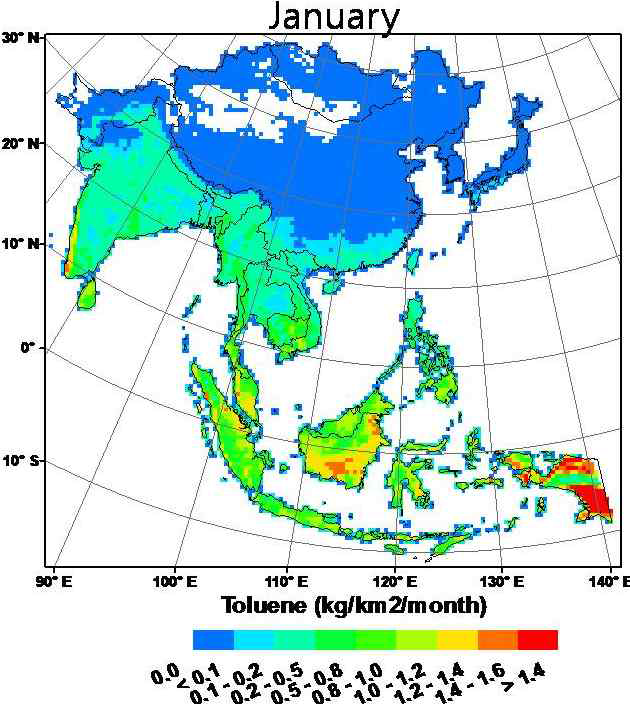 An Asian biogenic emission map for toluene in January 2009.