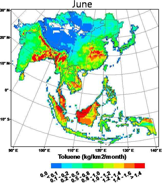 An Asian biogenic emission map for toluene in June 2009.