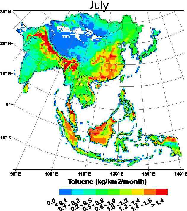 An Asian biogenic emission map for toluene in July 2009.