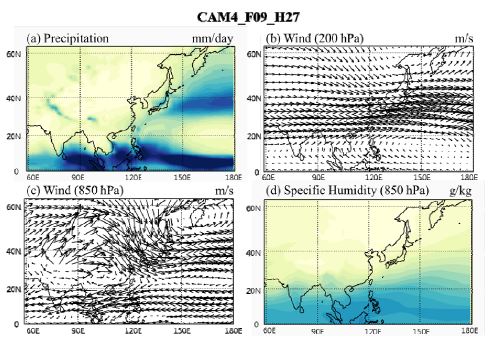 Figure 1. 43. Spatial pattern of winter time (a) Precipitation, (b) 200hPa wind field,(c) 850hPa wind field, and (d) 850hPa specific humidity over the East Asia in CAM4_F09_H27