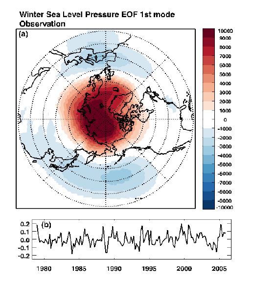 Figure 1. 51. (a) Spatial pattern and (b) PC time series of EOF first mode of sea level pressure over the Northern Hemisphere in observation