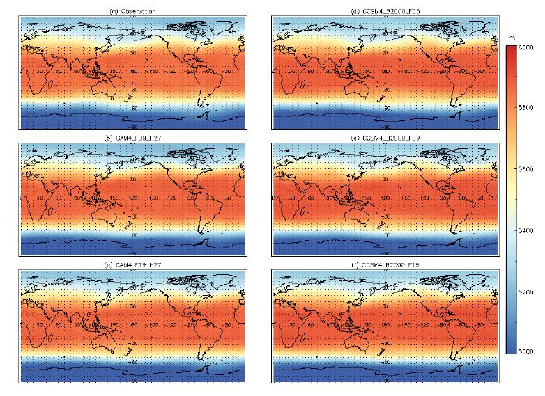 Figure 1.63. Spatial pattern of annual mean of 200hPa zonal wind in (a) NCEP Reanalysis, (b) CAM4_F09_H27, (c) CAM4_F19_H27, (d) CCSM4_B2000_F05, (e) CCSM4_B2000_F09, and (f) CCSM4_B2000_F19 for the year 2000