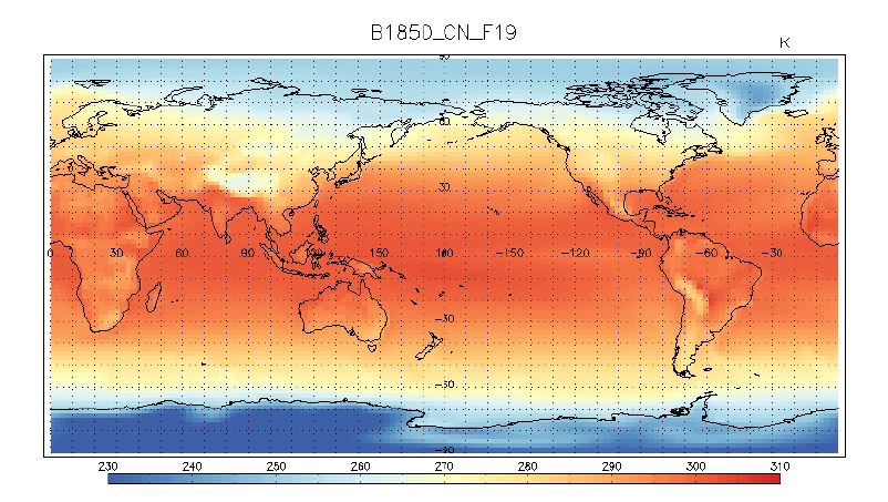 Figure 3.2. Spatial pattern of annual mean surface temperature in B1850_CN_F19 experiment