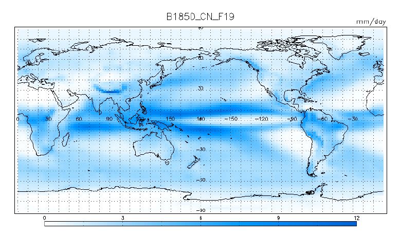 Figure 3.3. Spatial pattern of annual mean precipitation in B1850_CN_F19 experiment