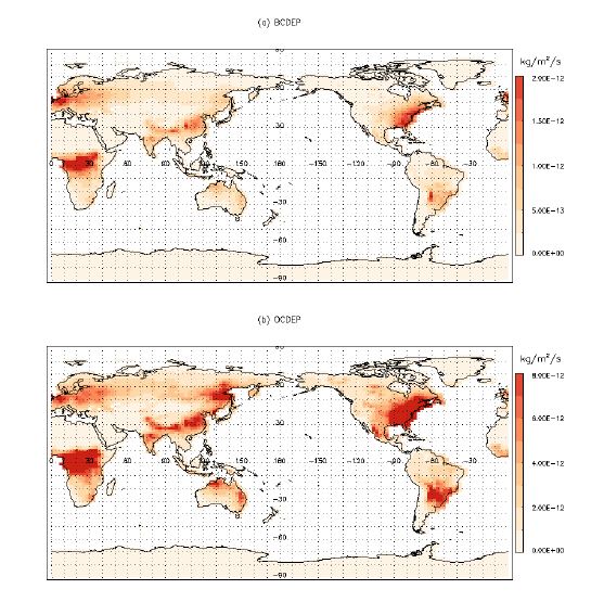 Figure 3.5. Spatial pattern of annual mean (a) BCDEP, and (b) OCDEP in B1850_CN_F19 experiment