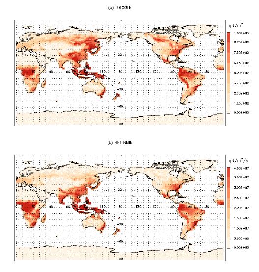 Figure 3.6. Spatial pattern of annual mean (a) TOTCOLN, and (b) NET_NMIN in B1850_CN_F19 experiment