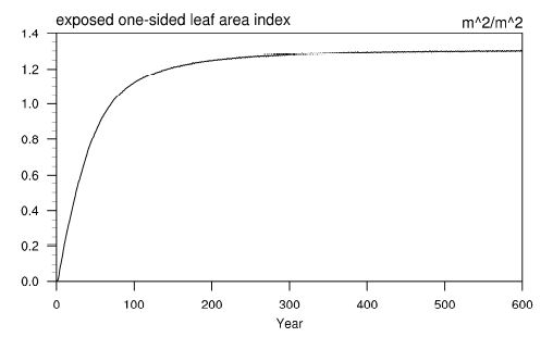 Figure 3.7. Time series of annual mean leaf area index in CN_ad_spinup experiment for 600 years