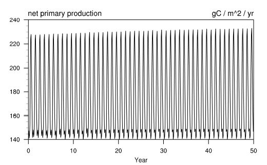 Figure 3.14. Time series of monthly NPP in CN_final_spinup experiment for 50 years