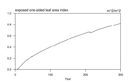 Figure 3.16. Time series of annual mean leaf area index in CNDV_spinup experiment for 300 years