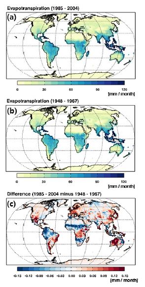 Figure 3.24. Spatial pattern of annual mean total evaporation for the period of (a) 1985 to 2004 and (b) 1948 to 1967, and (c) differences in two periods (1985-2004 minus 1948-1967)