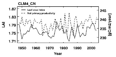 Figure 3.25. Time series of annual mean leaf area index (black solid) and NPP (black dashed) in CLM4_CN experiment for the peroid of 1948 to 2004