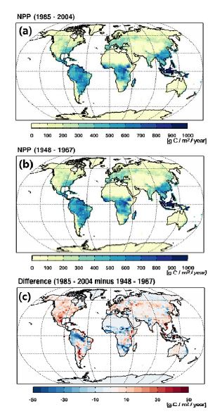 Figure 3.26. Spatial pattern of annual mean NPP for the period of (a) 1985 to 2004 and (b) 1948 to 1967, and (c) differences in two periods (1985-2004 minus 1948-1967)