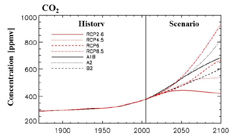 Figure 1.3. Time series of concentration of carbon dioxide in RCP scenarios and SRES scenarios