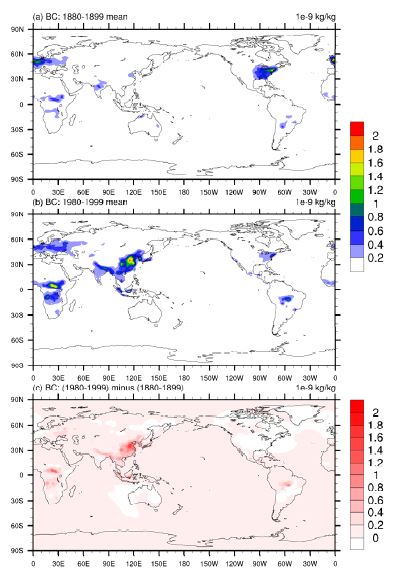 Figure 1.8. Spatial distribution of black carbon concentration in lowest layer