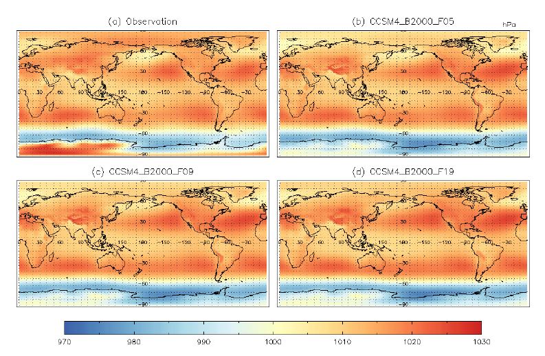 Figure 1.17. Spatial pattern of annual mean sea level pressure in (a) NCEP Reanalysis, (b) CCSM4_B2000_F05, (c) CCSM4_B2000_F09, and (d) CCSM4_B2000_F19 for the year 2000