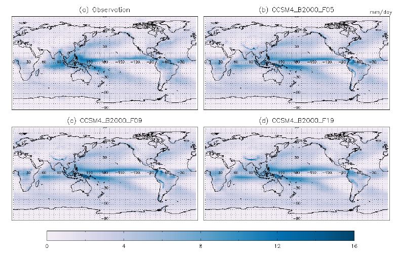 Figure 1.18. Spatial pattern of annual mean precipitation in (a) CMAP, (b) CCSM4_B2000_F05, (c) CCSM4_B2000_F09, and (d) CCSM4_B2000_F19 for the year 2000