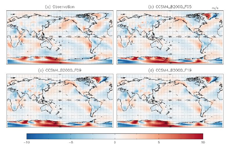 Figure 1.21. Spatial pattern of annual mean of 850hPa meridional wind in (a) NCEP Reanalysis, (b) CCSM4_B2000_F05, (c) CCSM4_B2000_F09, and (d) CCSM4_B2000_F19 for the year 2000