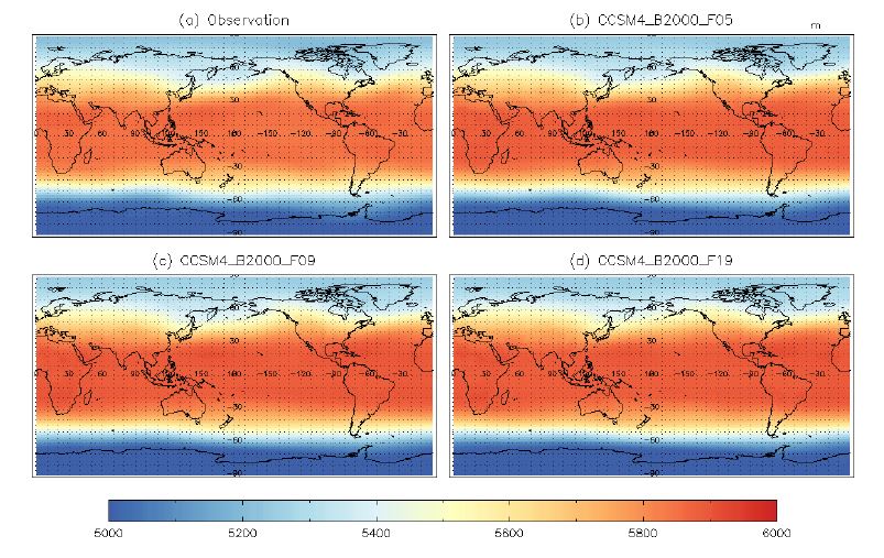 Figure 1.23. Spatial pattern of annual mean of 500hPa geopotential height in (a) NCEP Reanalysis, (b) CCSM4_B2000_F05, (c) CCSM4_B2000_F09, and (d) CCSM4_B2000_F19 for the year 2000