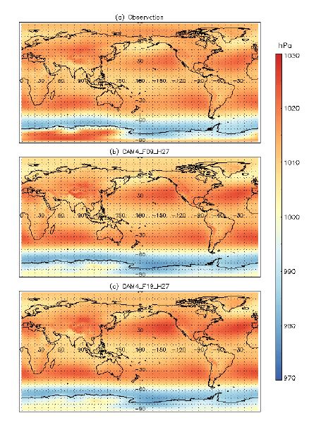 Figure 1.36. Spatial pattern of annual mean sea level pressure in (a) NCEP Reanalysis, (b) CAM4_F09_H27, and (c) CAM4_F19_H27 for the period of 1979 to 2005